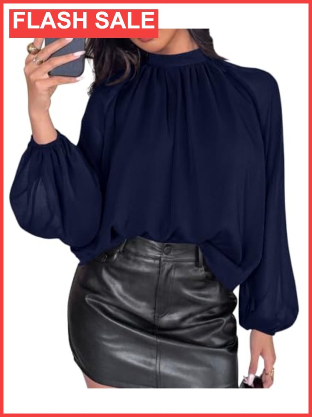 Chiffon Blouse Mock Neck Pleated Keyhole Bishop Sleeve Business Casual Top